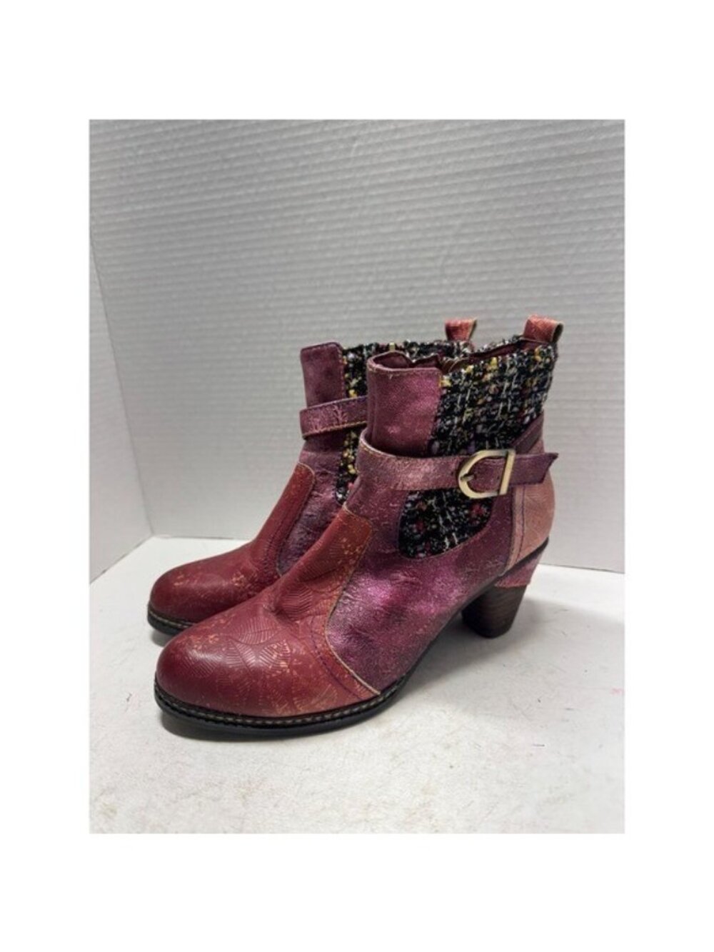 Spring Step L'Artiste Nancies Burgundy Leather Tweed Ankle Boots Size 38 7.5